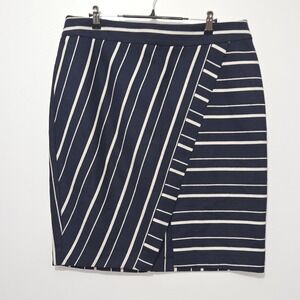 B#90 Ann Taylor LOFT Navy White Stripe Asymmetrical Wrap Pencil‎ Skirt Size 14